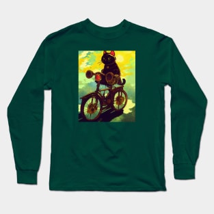 Black cat riding a bicycle Long Sleeve T-Shirt